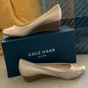 Cole Haan Elsie cap toe wedges in gold leather